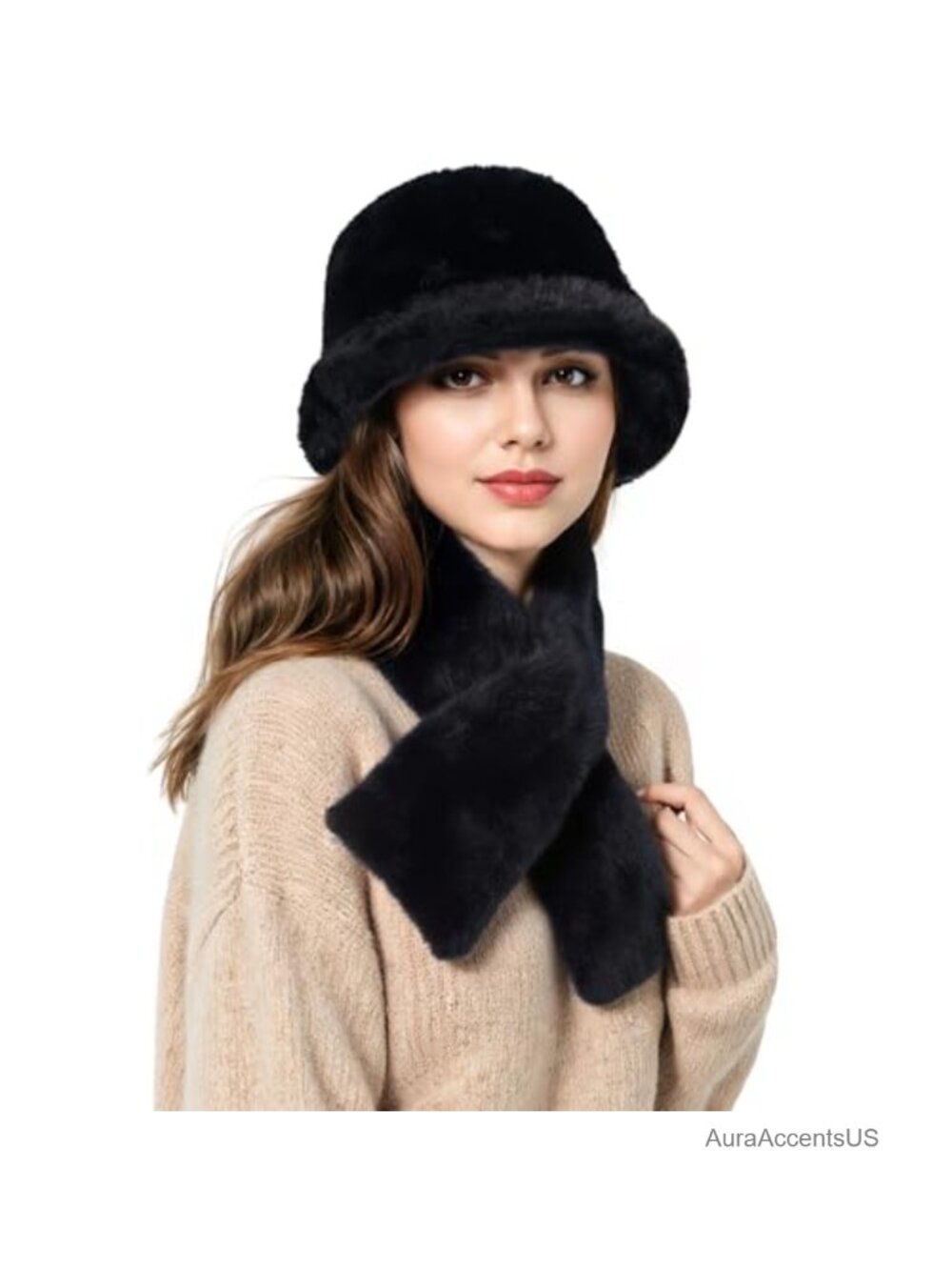 Faux Fur Bucket Hat & Scarf Set Women Winter Neck Warmer